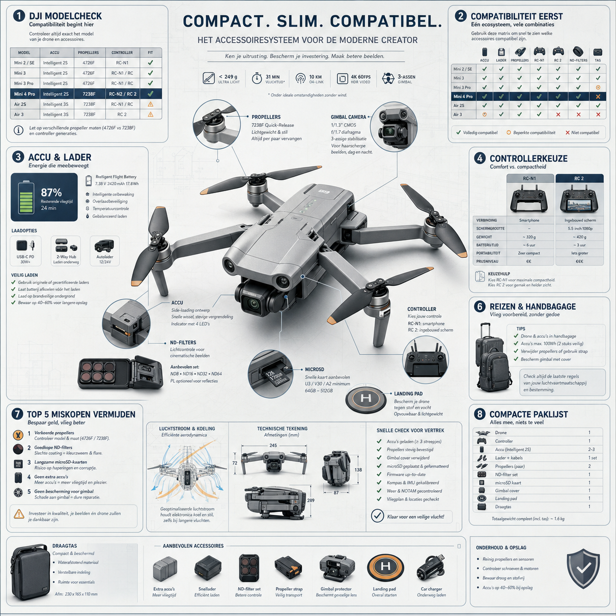 Technische referentie-infographic voor DJI drone-accessoires en compatibiliteit