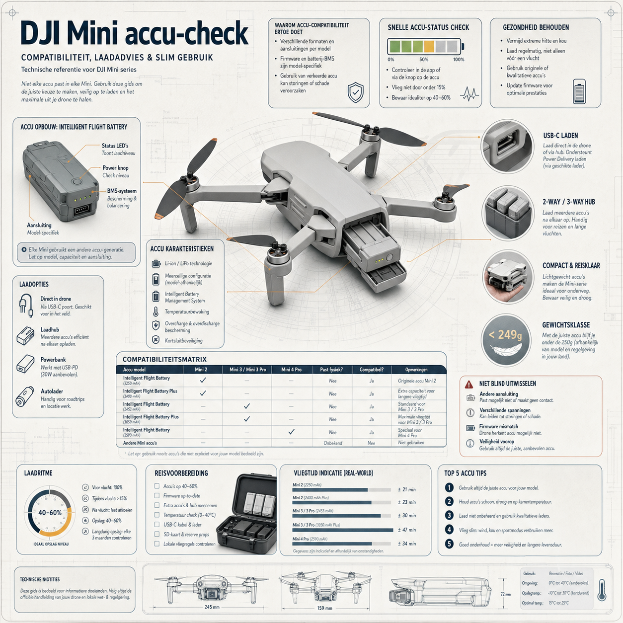 Technische infographic voor DJI Mini accucompatibiliteit
