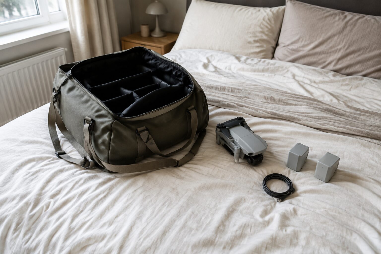 Een open reistas op een opgemaakt bed met daarnaast een drone