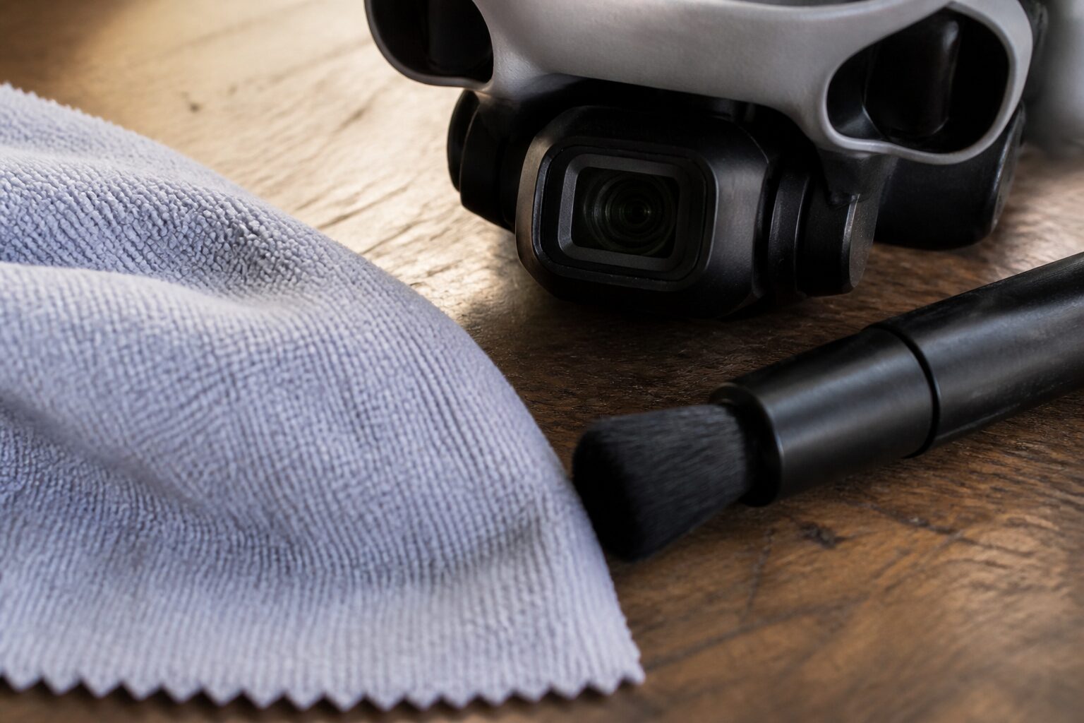 Een microvezeldoekje en een lenspen naast een dronecamera-gimbal