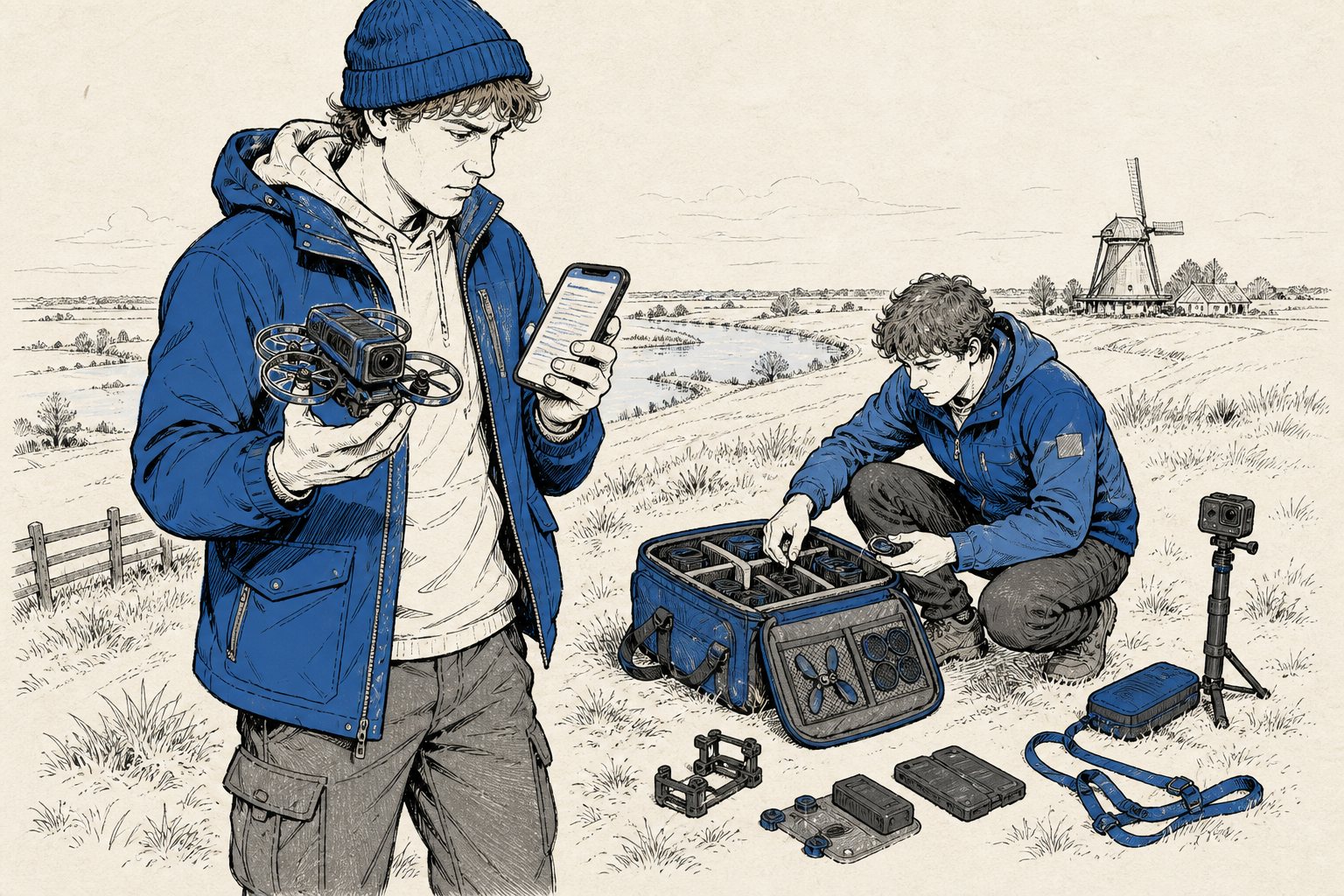 Dronevlieger in een weiland leest de voorwaarden op zijn telefoon terwijl een vriend filters en propellers uit een tas pakt