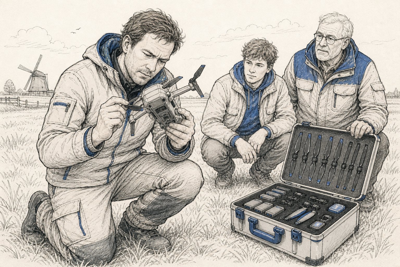 Illustratie: dronepiloot knielt in een weiland en controleert een propellerblad van zijn Mini-drone, twee anderen bij een geopende koffer met reservepropellers
