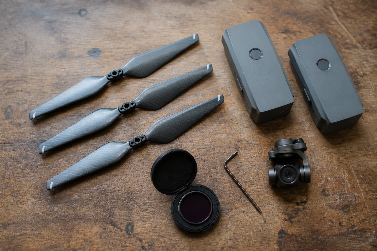 Propellers, accus, een gimbal en een ND-filter op een houten werkbank