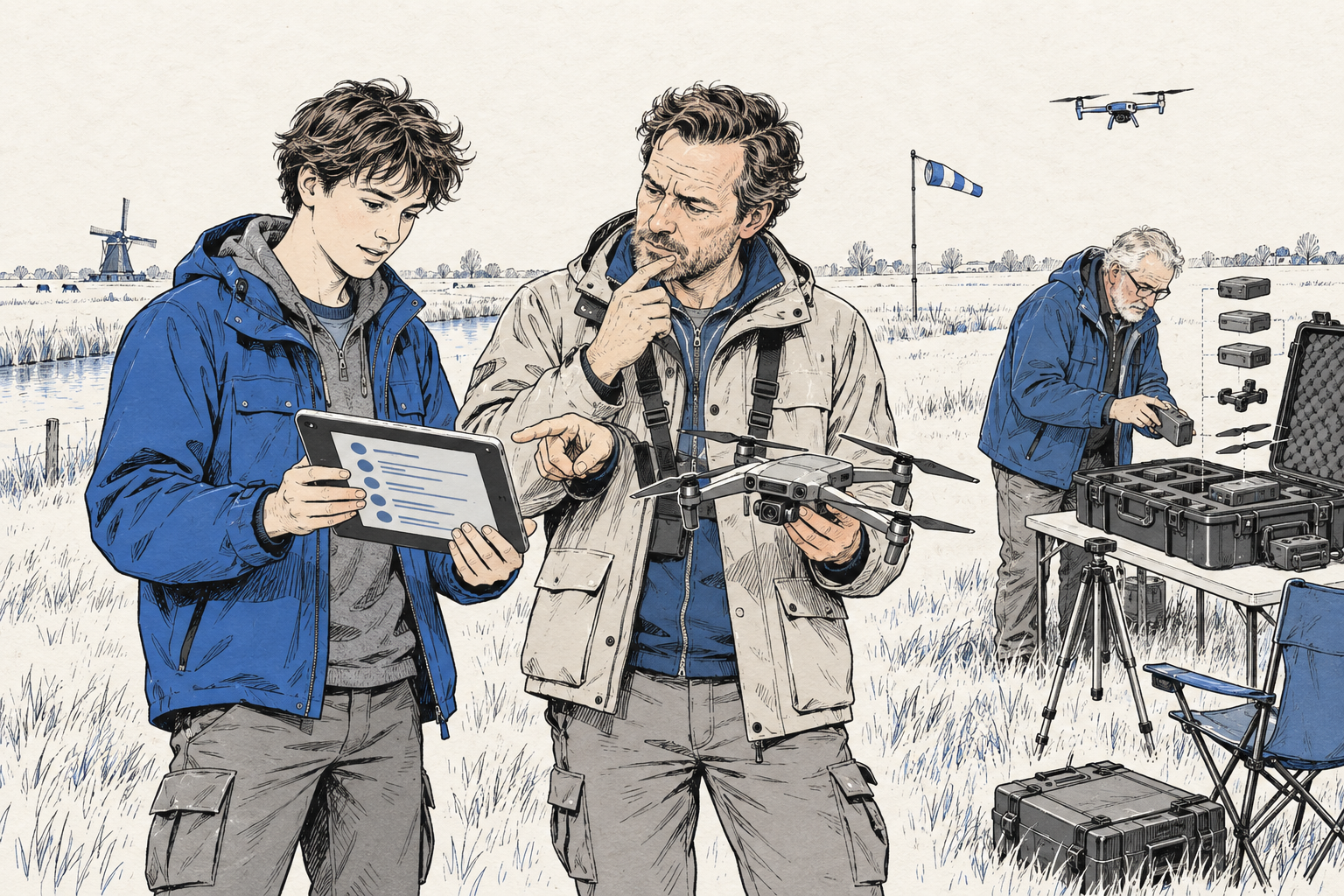 Illustratie van twee dronevliegers op een grasveld die samen naar een tablet kijken terwijl een van hen een kleine drone vasthoudt